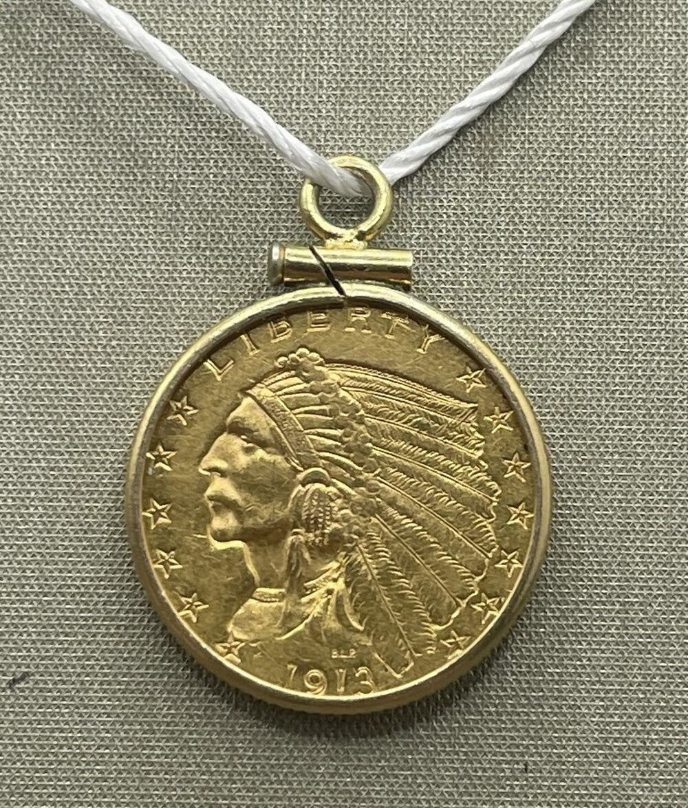 14K Yellow Gold Bezel W/ 1913 $2.5 Dollar Indian Head Gold Coin 90% (27033)